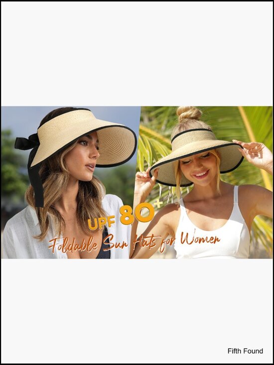 Wide Brim Straw Visor Hat Foldable Packable UPF 50+ Adjustable Summer Sun